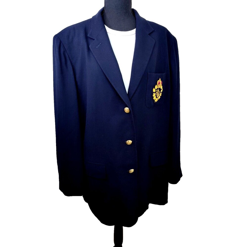 Vintage Ralph Lauren Navy Wool Blazer Large Gold Crest Logo & Buttons  XXL